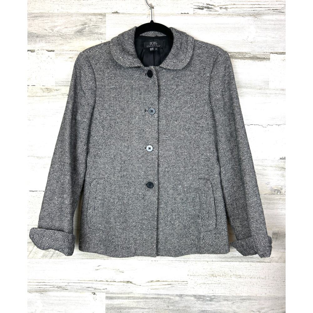 BCBGMAXAZRIA Womens 2 Gray Wool Blend Button Up Long Sleeve Blazer Jacket